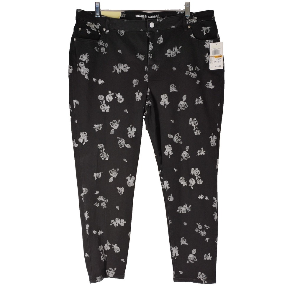 NWT Michael Kors Womens Sz 16 W Black Floral Izzy Cropped Skinny Jeans $125